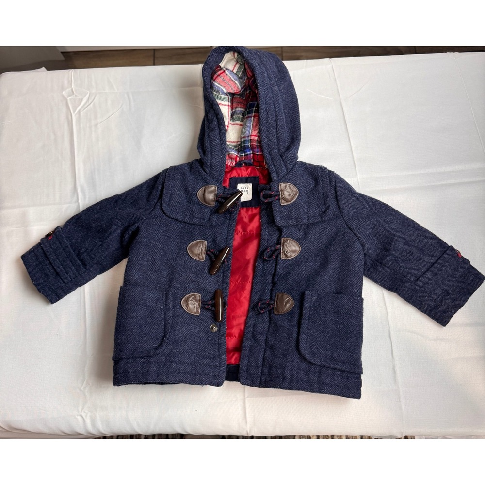 Baby Gap Navy Blue Herringbone Wool Blend Toggle Duffle Coat Hooded 6-12 Months